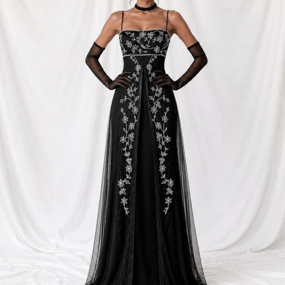 Vintage Y2K Black White Floral Mesh Babydoll Beaded Maxi Prom Dress Size M